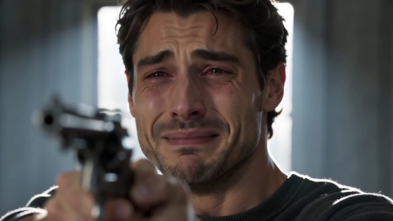 A tearful survivor hesitates in a dark barn in the zombie story demo